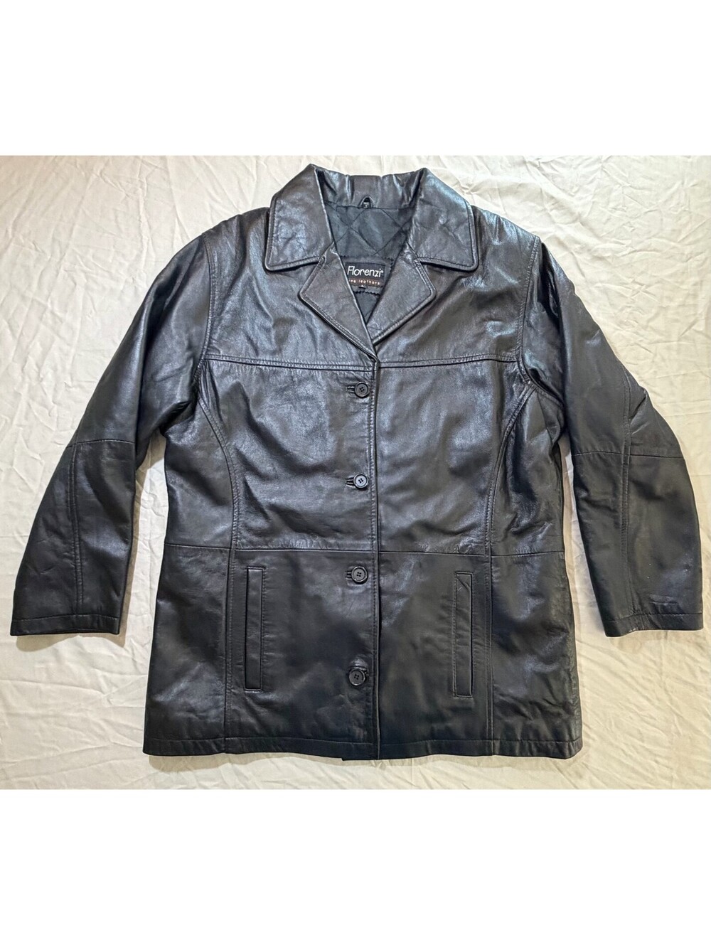 Florenzi Fine Leathers Women’s L Black Genuine Leather Car Coat Button Jacket